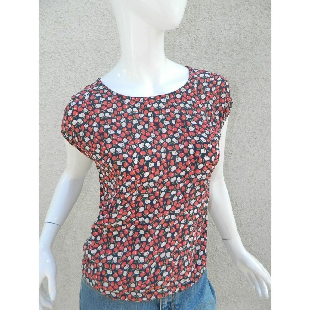 Urban Outfitters‎ Blouse Size Small Silk Blue Red Cherries